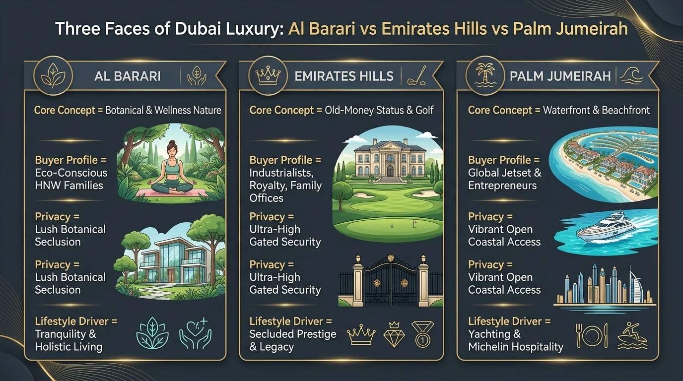 Infographic comparing Al Barari, Emirates Hills and Palm Jumeirah luxury positioning in Dubai