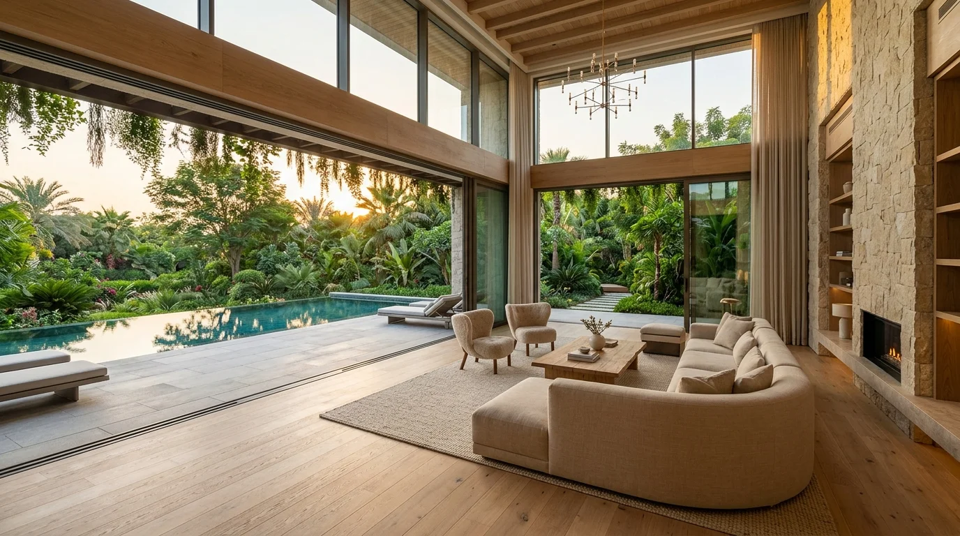 Villa interior overlooking private garden landscaping in Al Barari, Dubai