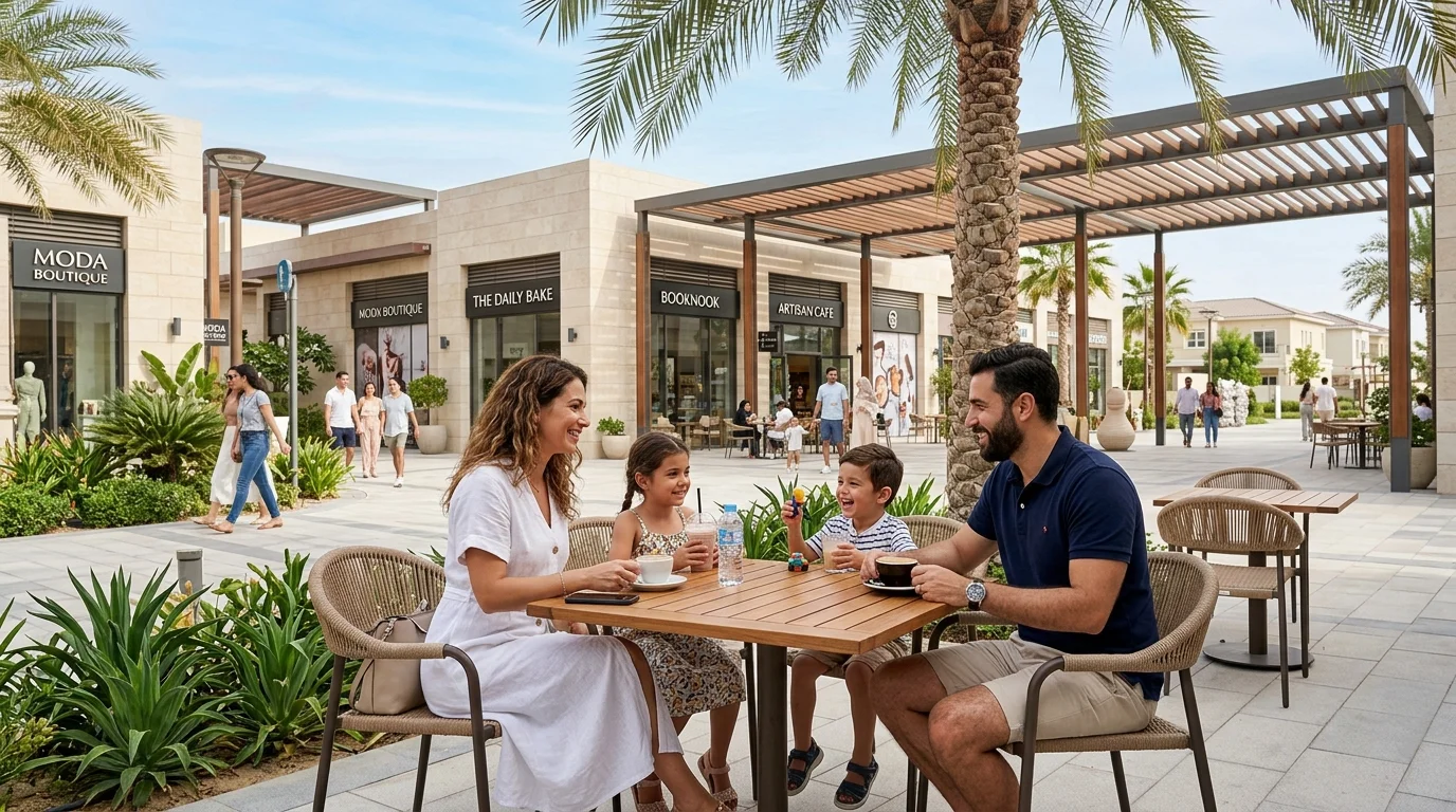 Family at the Al Furjan Pavilion community retail area in Dubai