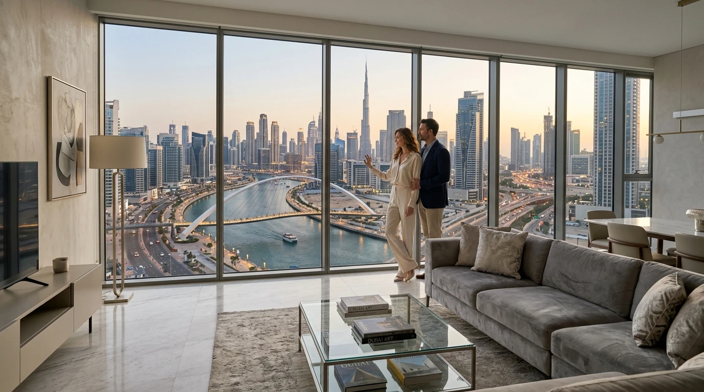 Interior view of a modern apartment living room with floor-to-ceiling glass windows overlooking a canal and skyline