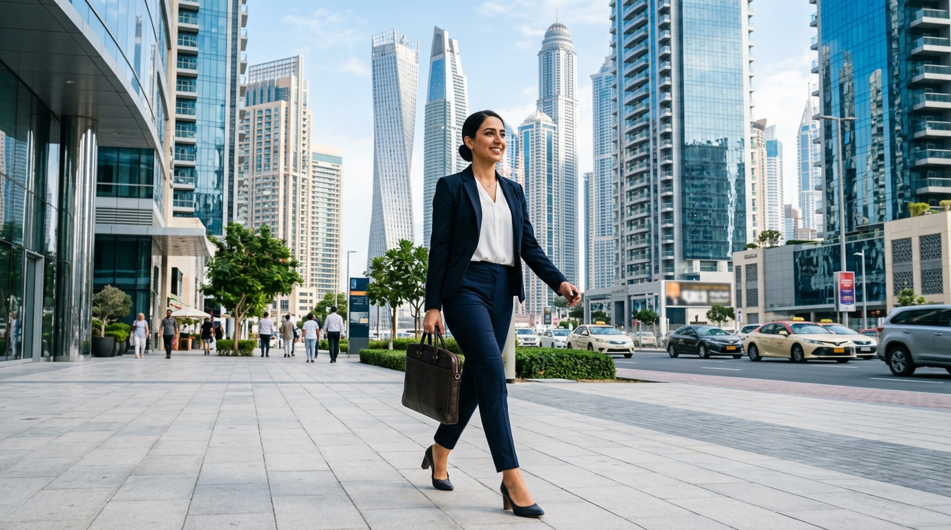 Pedestrian professional walking along a landscaped waterfront promenade bordered by glass office towers