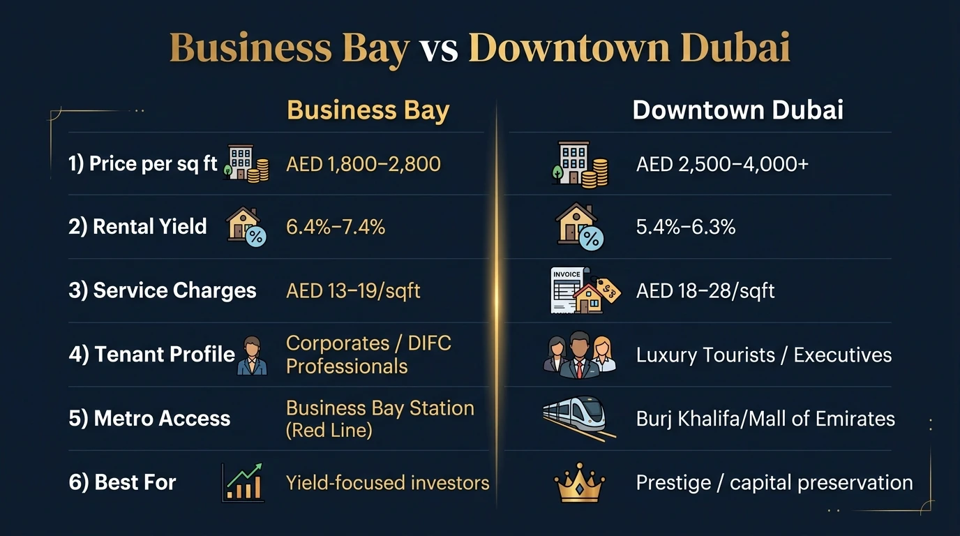 Comparative matrix infographic contrasting Business Bay with Downtown Dubai on entry price, rental yield, and connectivity