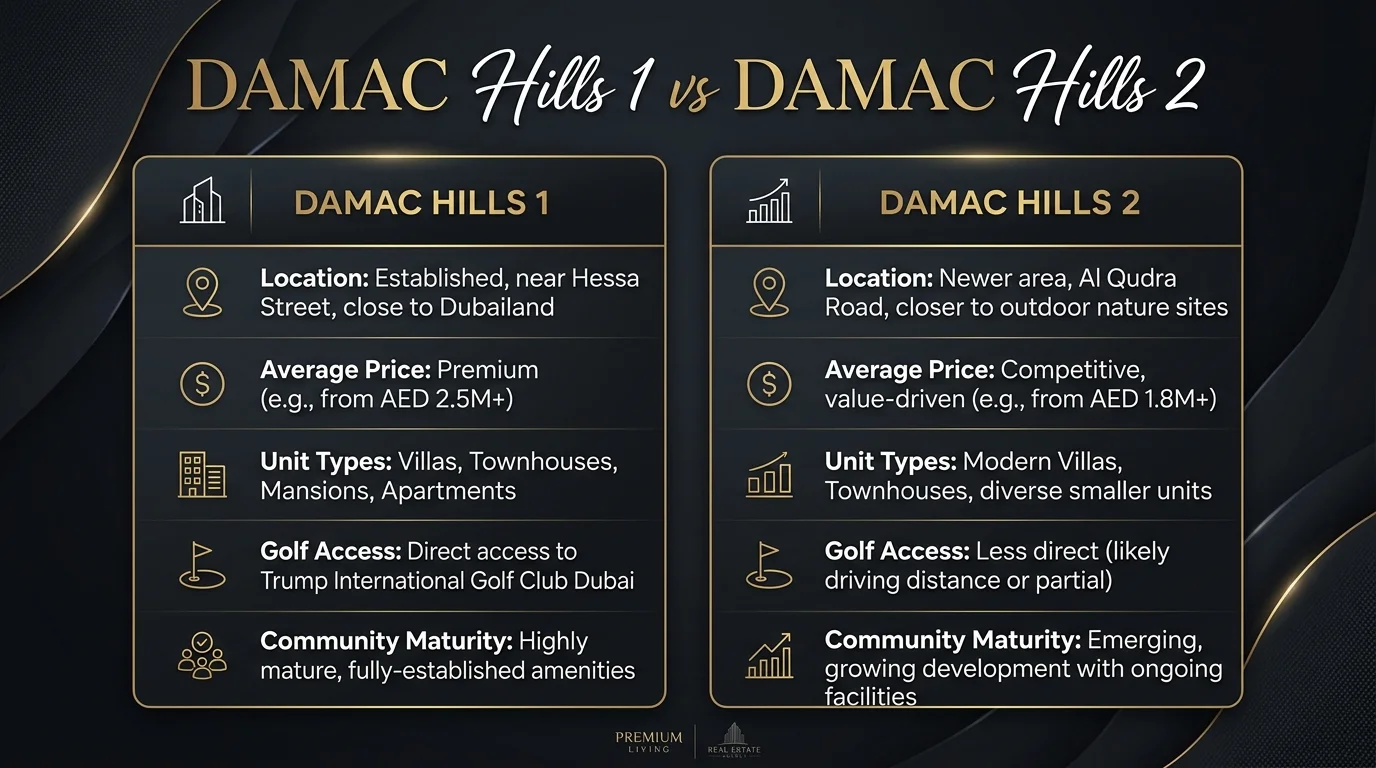 Infographic comparing DAMAC Hills 1 and DAMAC Hills 2 on price, unit types and location