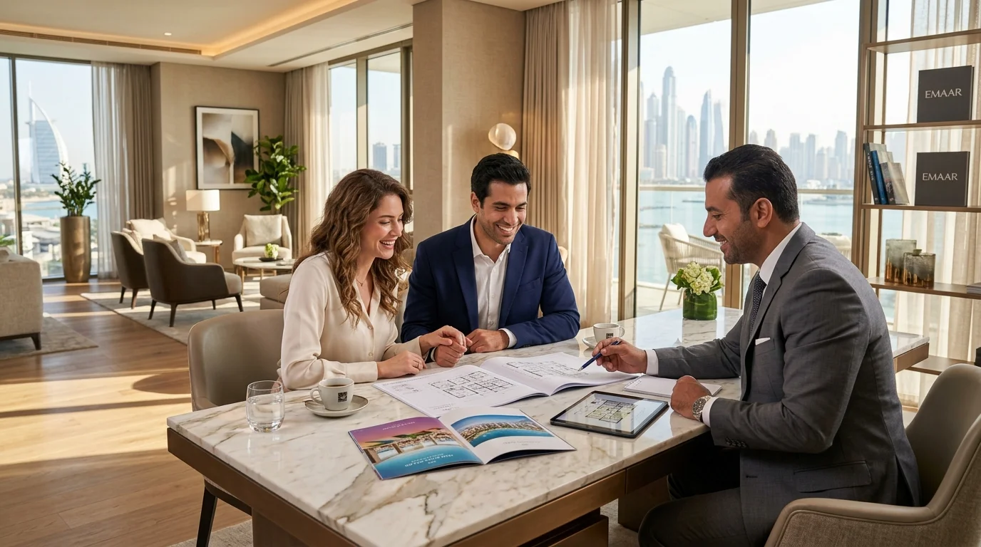 Couple reviewing property floor plans for DAMAC Hills, Dubai