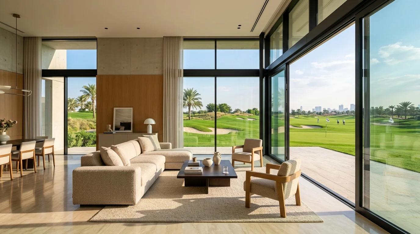 Villa living room with golf course view in DAMAC Hills, Dubai
