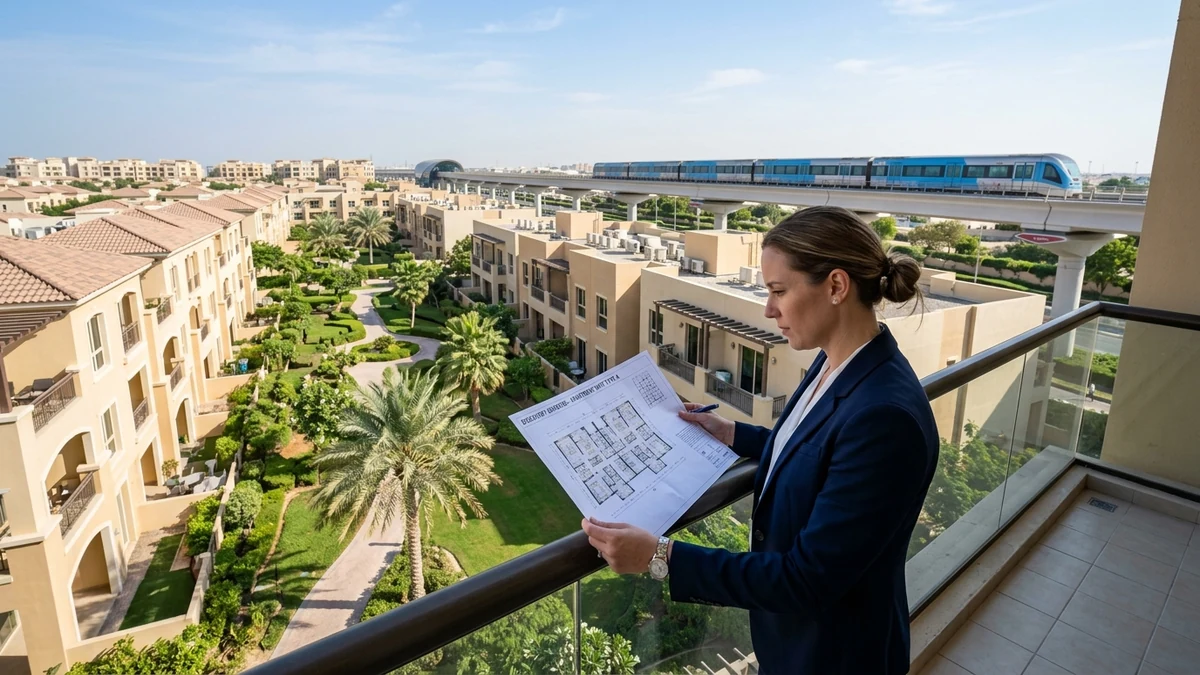Illustration of an investor reviewing apartment floor plans overlooking low-rise garden clusters and the metro line in Discovery Gardens Dubai