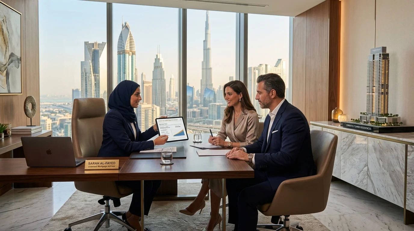 Couple discussing mortgage options with an advisor in Dubai