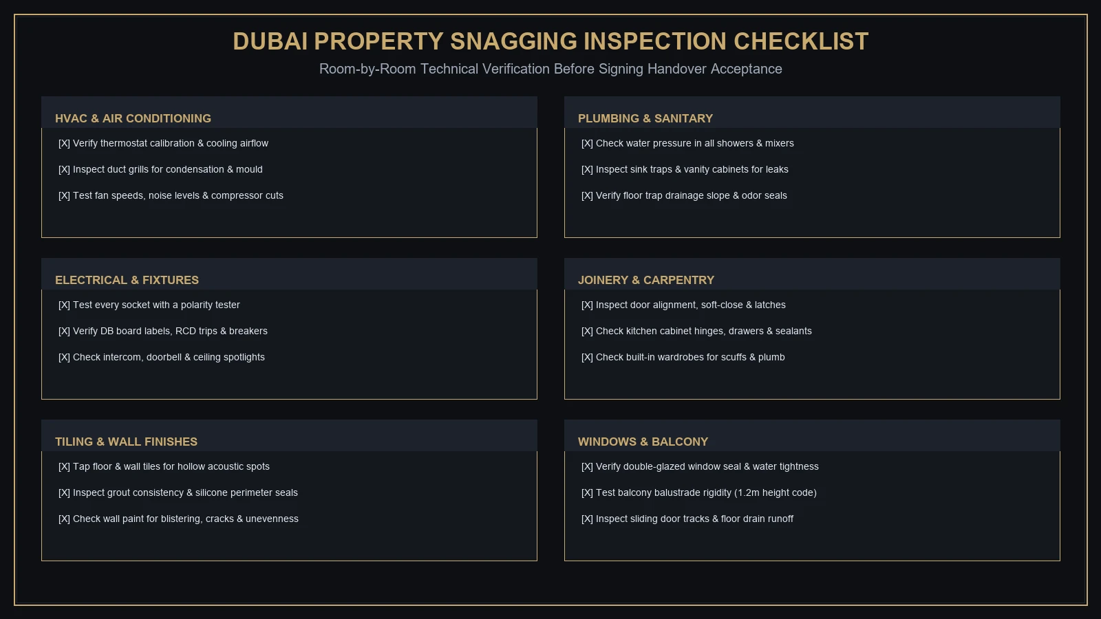 Infographic snagging checklist for inspecting a new Dubai property room by room