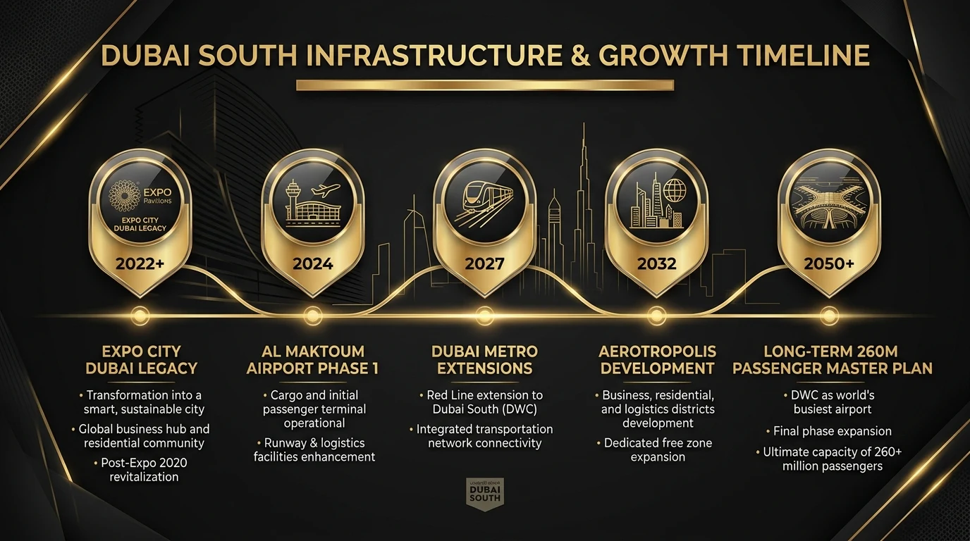 Infographic timeline of Dubai South infrastructure development milestones