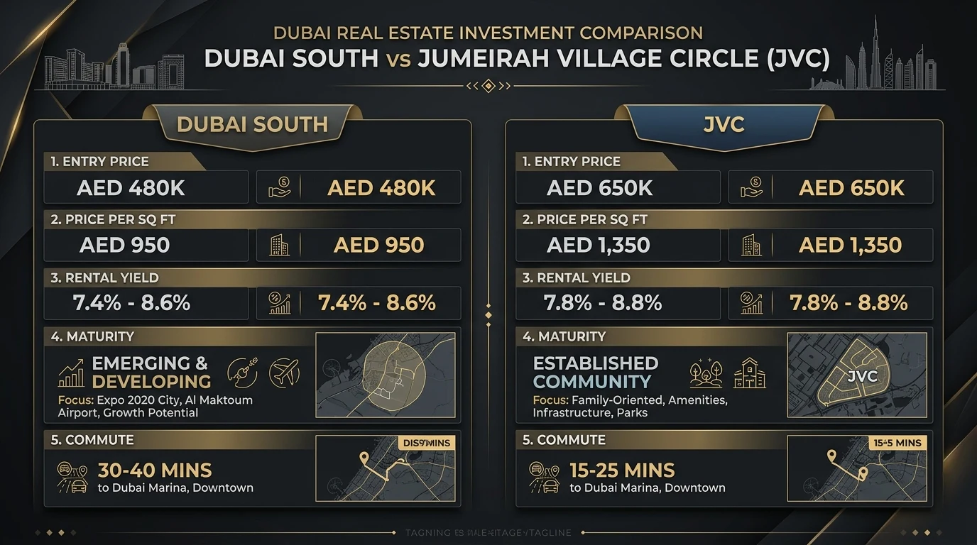 Infographic comparing Dubai South and JVC on price, yield and connectivity