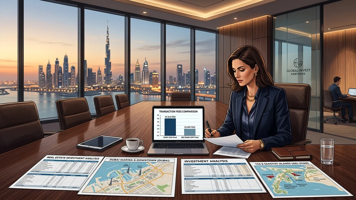 Illustration of an investor comparing Dubai DLD 4% vs Abu Dhabi DMT 2% property registration fees and freehold zones