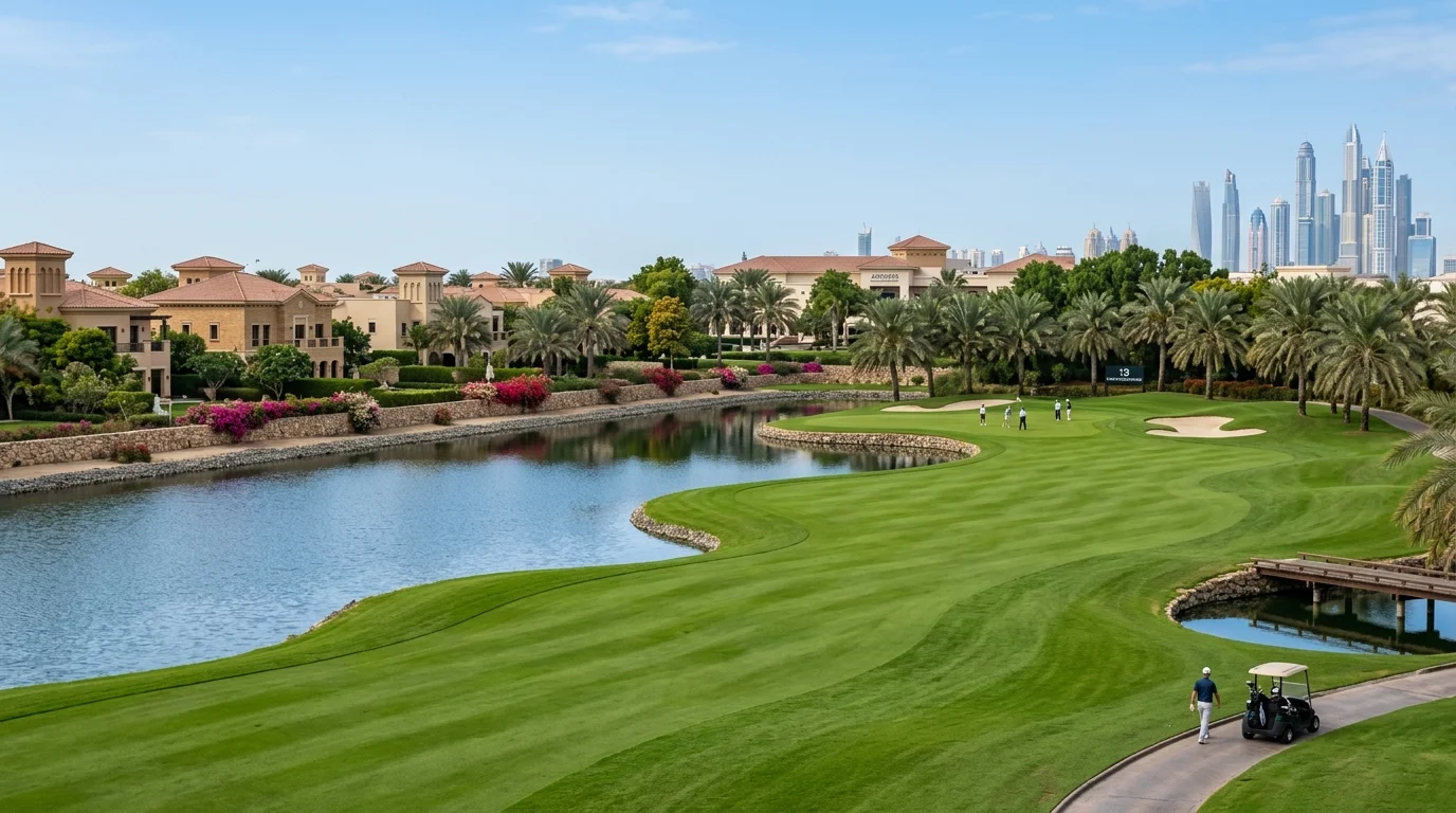 Golf course view bordering villa gardens in Emirates Hills, Dubai
