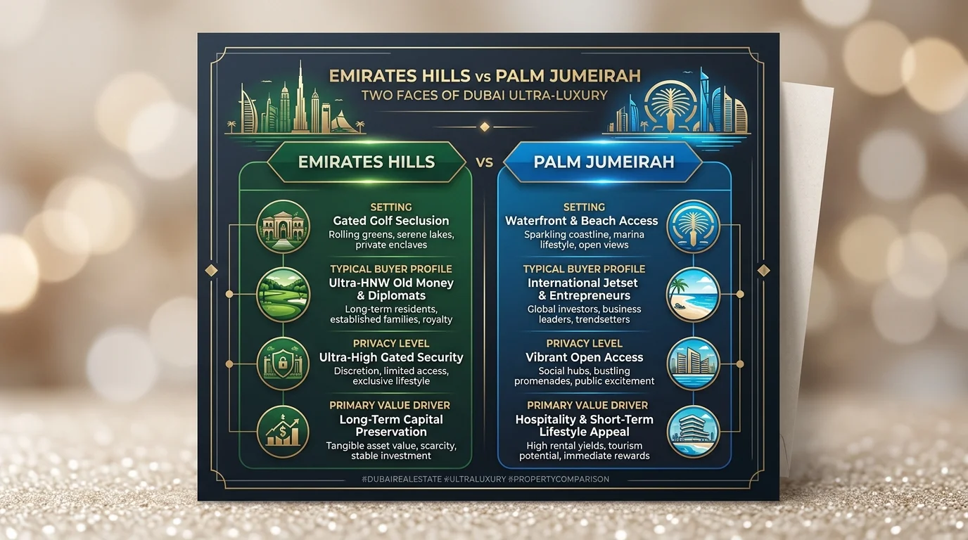 Infographic comparing Emirates Hills and Palm Jumeirah luxury positioning in Dubai