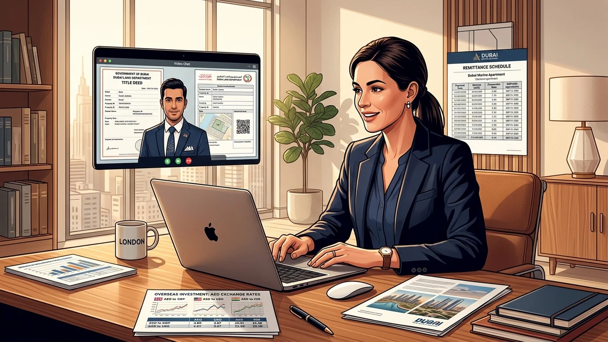 Illustration of an overseas buyer from the UK, US, or India reviewing Dubai property Title Deed and remittance documents