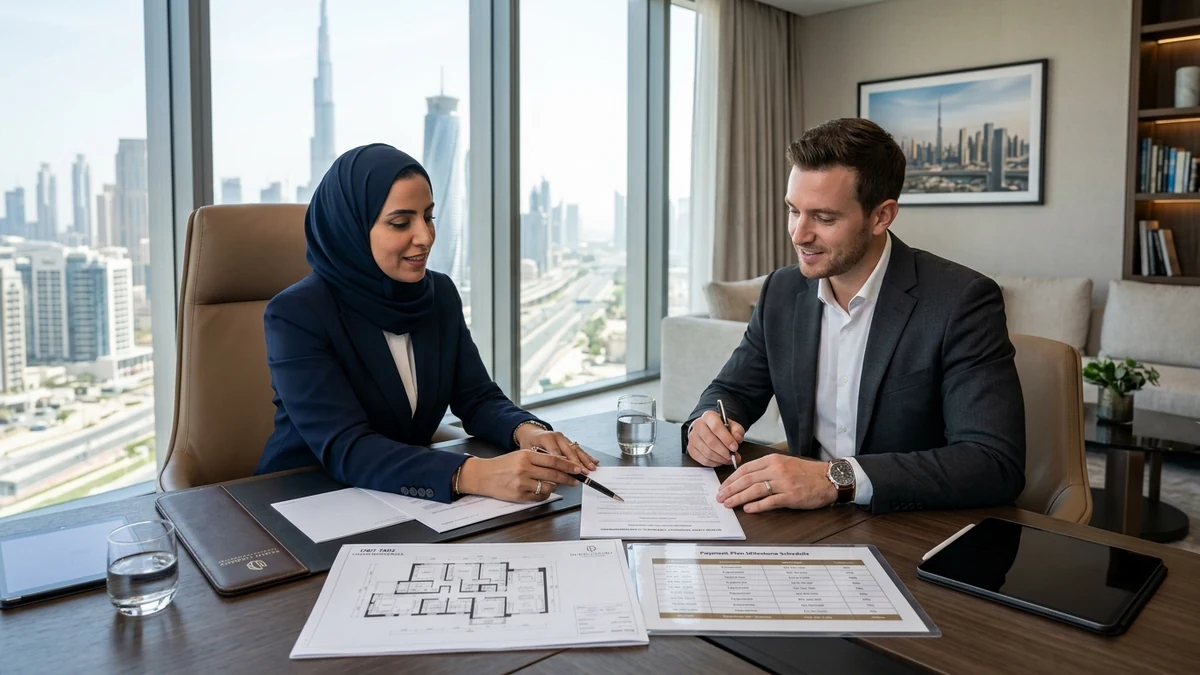 Illustration of a seller and buyer reviewing Oqood assignment documents and payment plan milestones to sell an off-plan property in Dubai