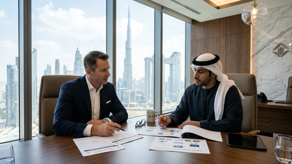 Illustration of an investor and legal advisor reviewing VARA crypto-to-AED settlement and JAFZA offshore property ownership rules in Dubai