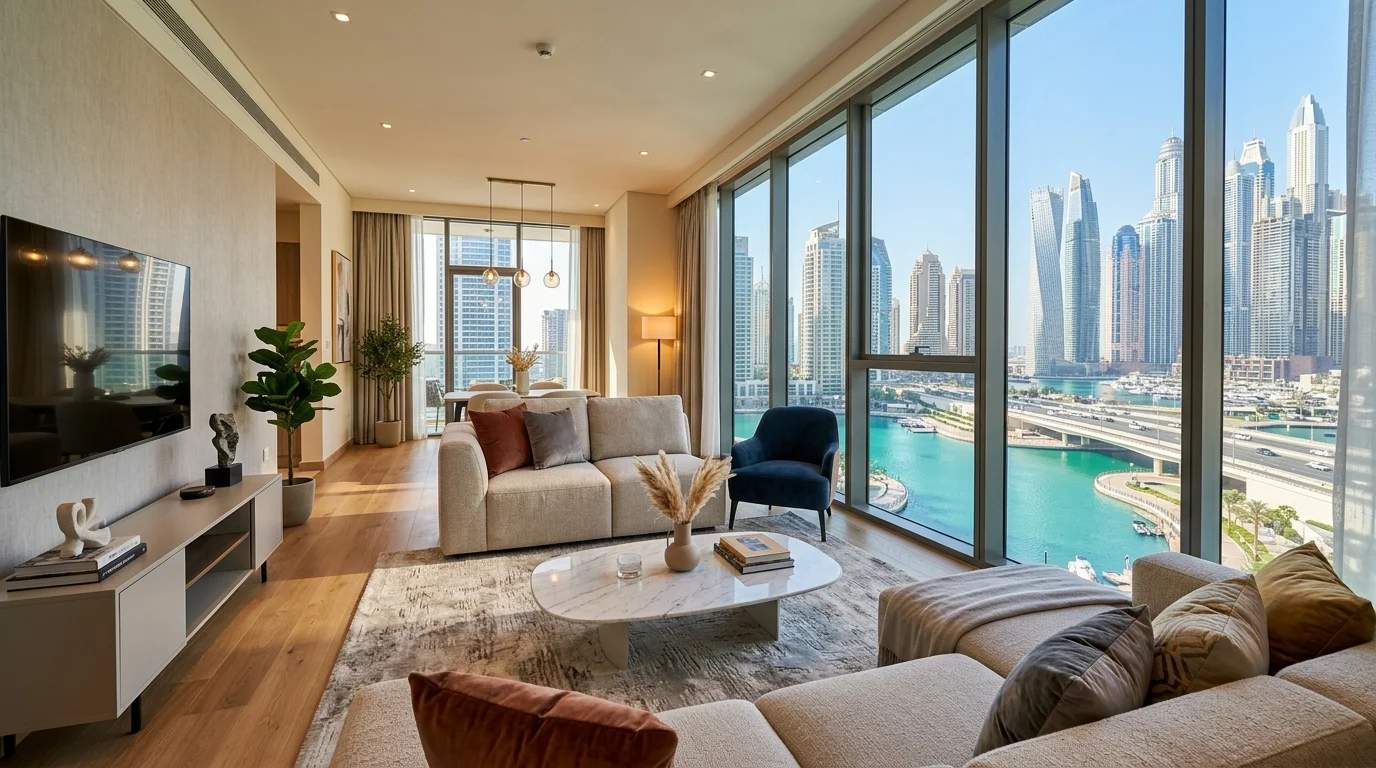 Modern apartment interior with lake view in Jumeirah Lakes Towers Dubai