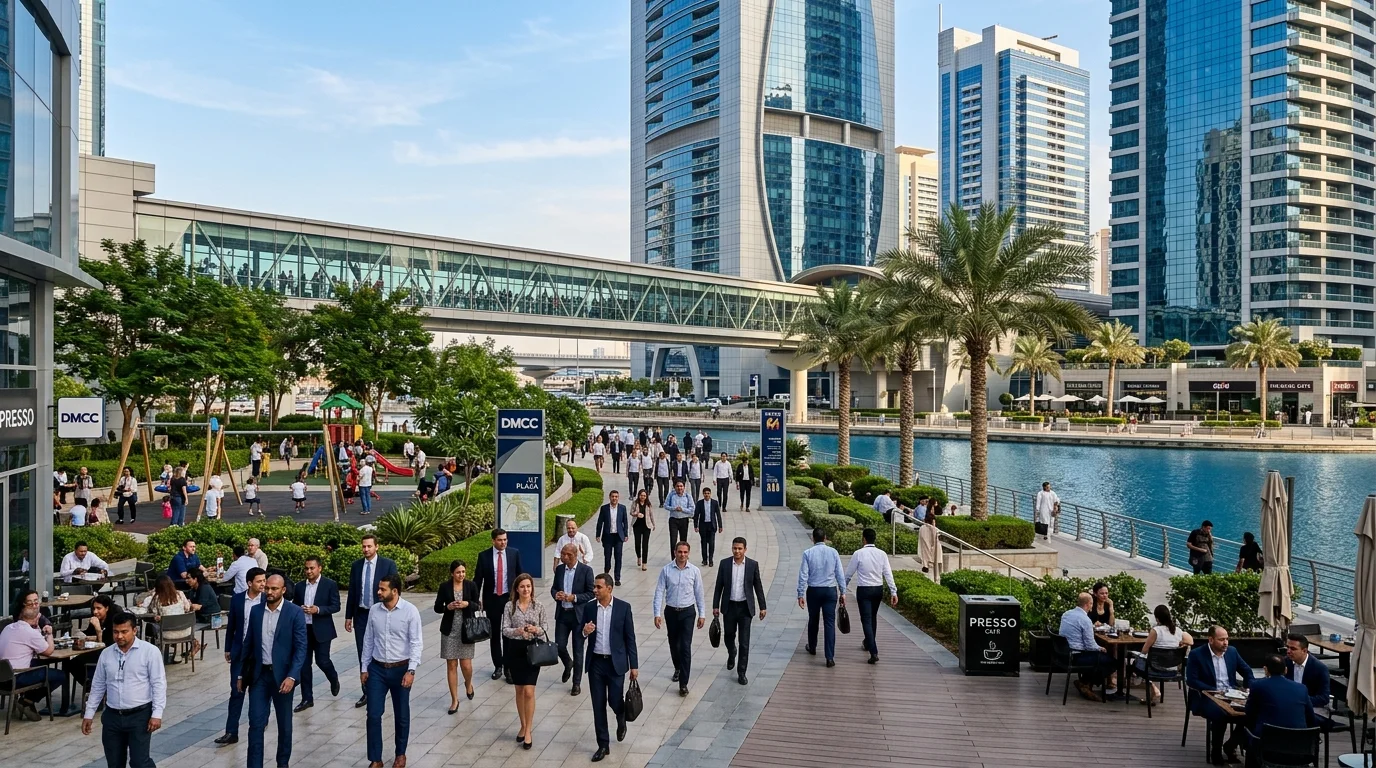 Professionals walking near metro and DMCC business towers in JLT Dubai