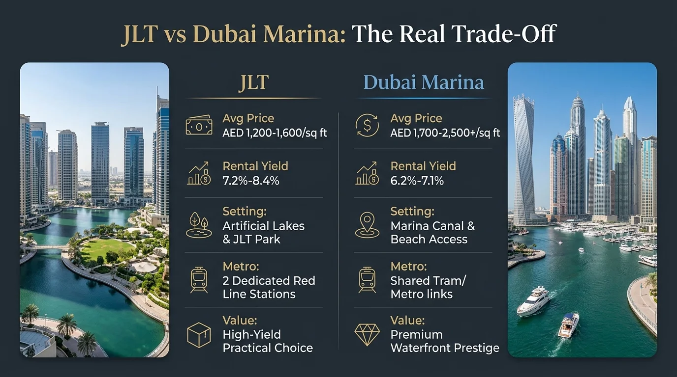 Infographic comparing JLT and Dubai Marina on prices, metro access, and lifestyle