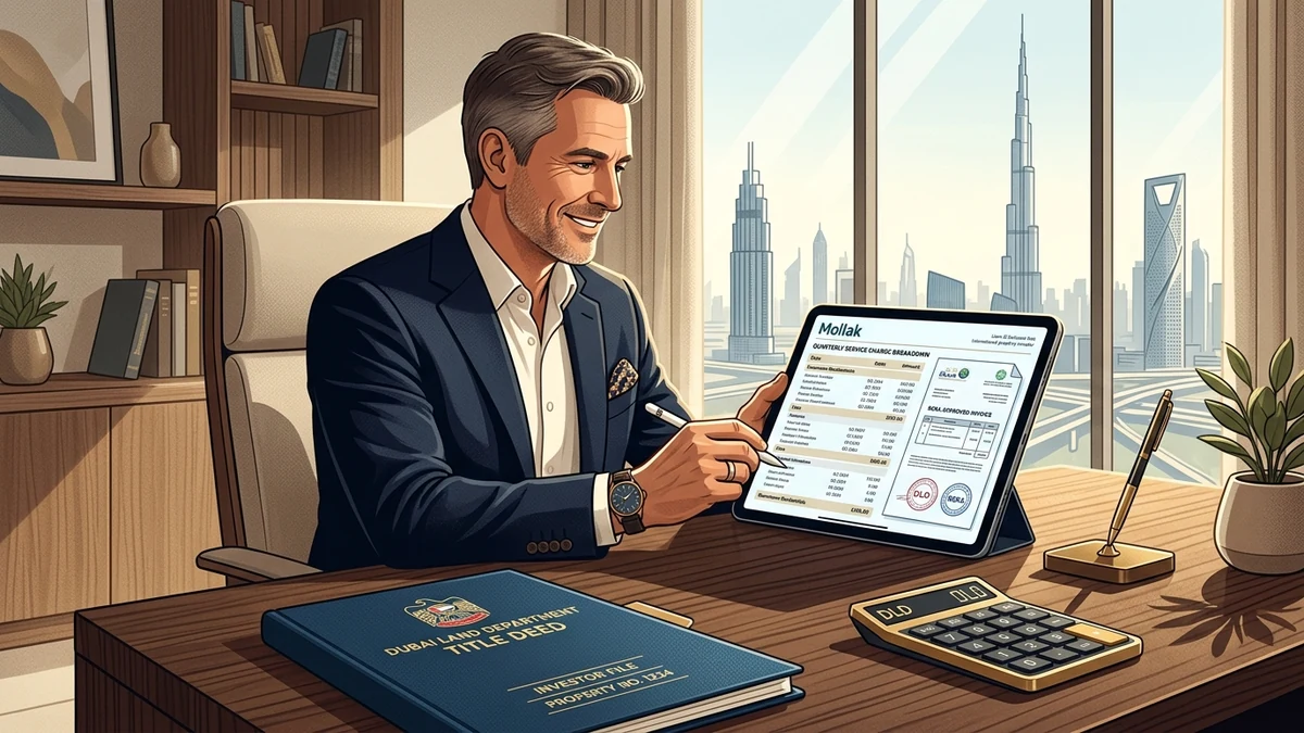 Illustration of a property owner checking RERA Mollak service charges on the Dubai REST interface alongside a Title Deed folder