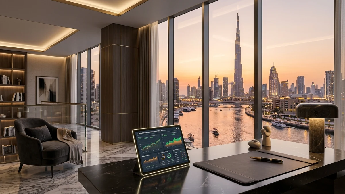Dubai Rental Yield and Net ROI Analytics Tablet overlooking Dubai Skyline