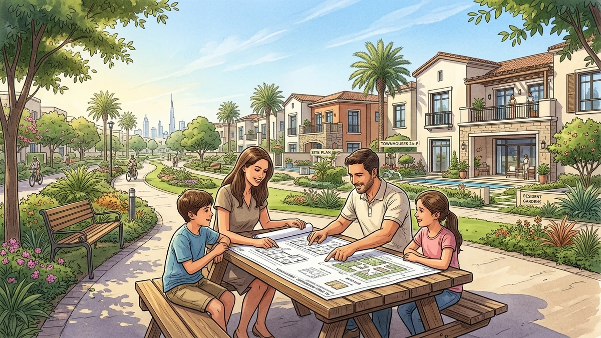Illustration of buyers comparing townhouse floor plans and master community layouts for Villanova vs Arabian Ranches in Dubai